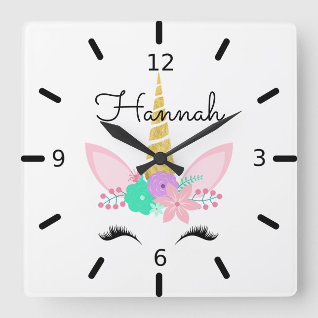 Personalized Floral Smiling Unicorn Square Wall Clock (Front)