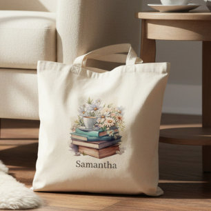 Personalized Floral Stacked Books Tote Bag