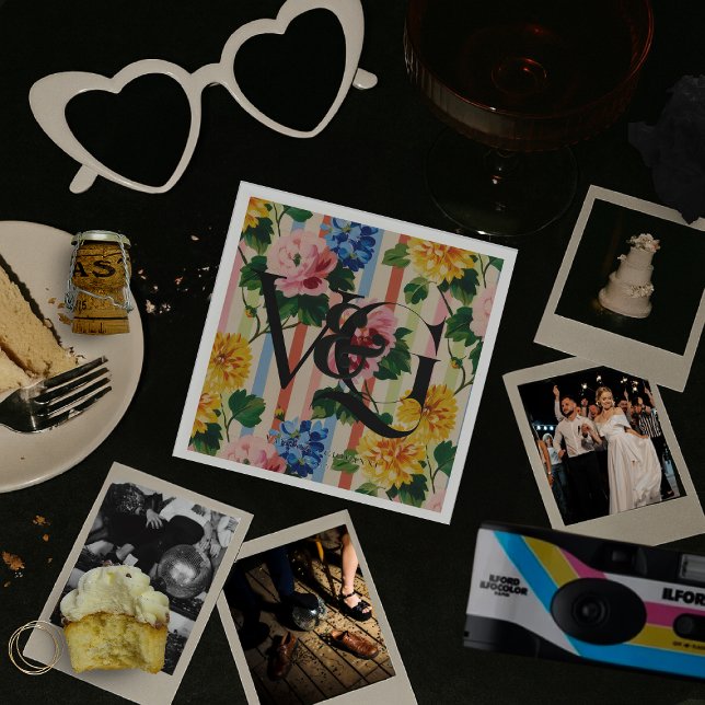 Personalized Floral Stripe Wedding Monogram Napkin (Creator Uploaded)