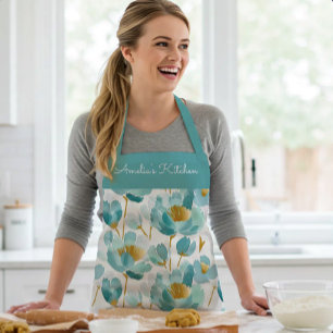 Personalized Floral Watercolor Aqua Gold Apron