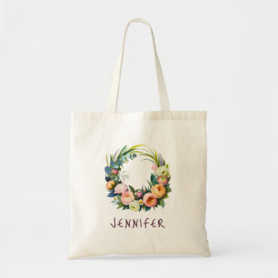 Personalized Floral Wreath Easter Tote Bag