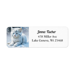Personalized Fluffy White Kitten in Snow Return Address Label