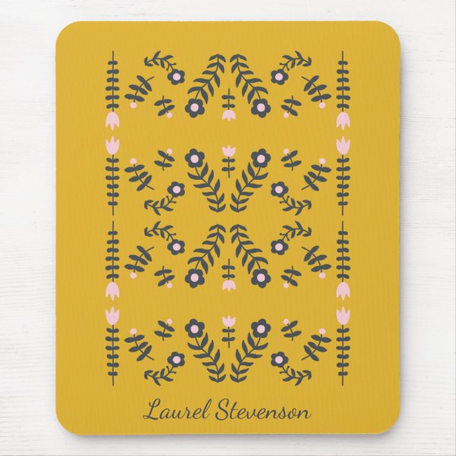 Personalized Folk Art Floral Yellow Modern Stylish Mouse Pad (Front)