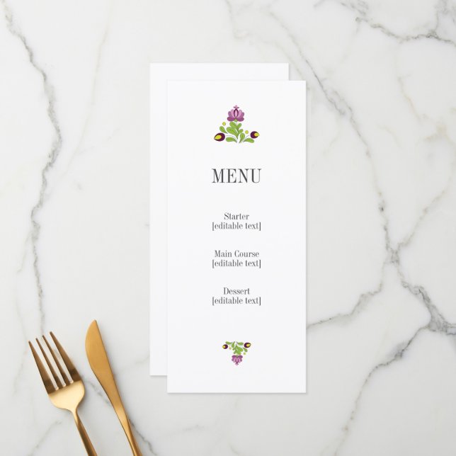 Personalized Folk Floral Wedding Menu Card (Front/Back In Situ)