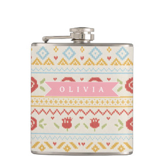 Personalized Folk Nordic Boho Floral Pattern Hip Flask