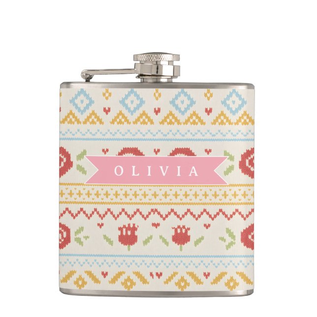 Personalized Folk Nordic Boho Floral Pattern Hip Flask (Front)