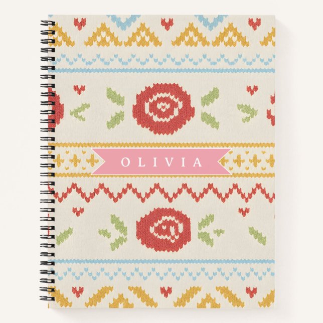 Personalized Folk Nordic Boho Floral Pattern Notebook (Front)
