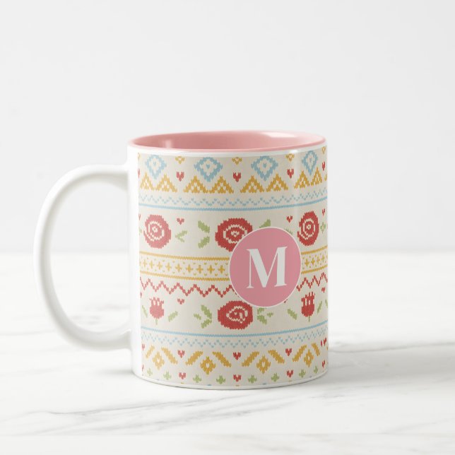 Personalized Folk Nordic Boho Floral Pattern Two-Tone Coffee Mug (Left)