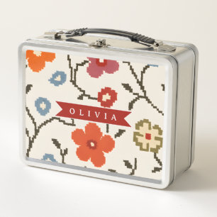 Personalized Folk Scandi Boho Vintage Floral Metal Lunch Box