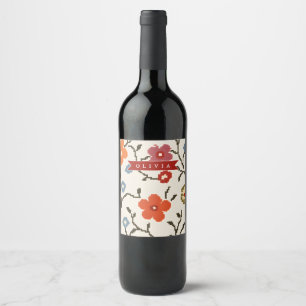 Personalized Folk Scandi Boho Vintage Floral Wine Label