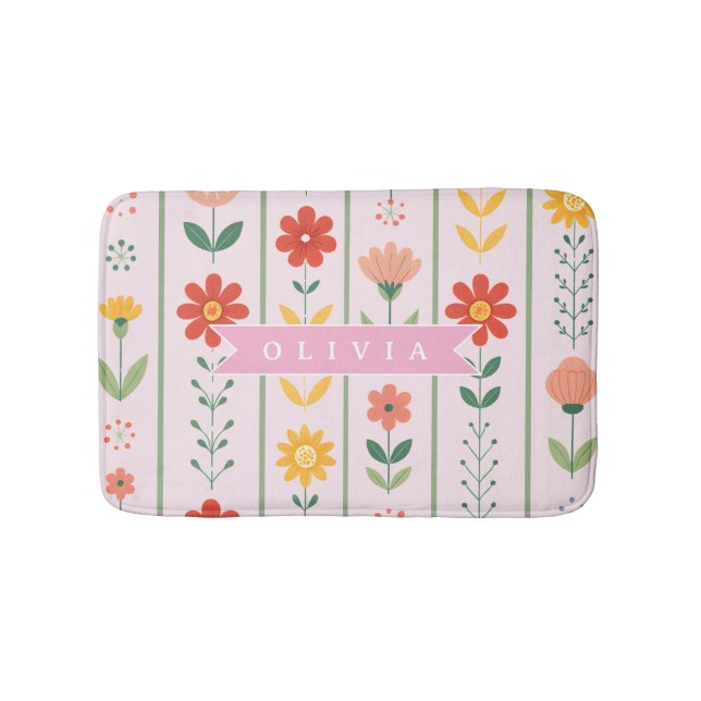 Personalized folk scandinavian floral pattern bath mat (Front)