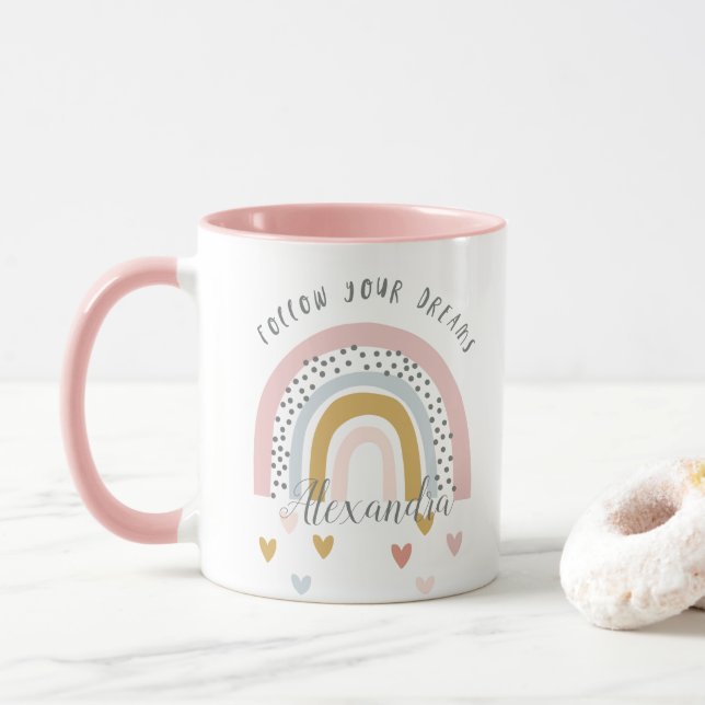 Personalized Follow Your Dreams Pink Rainbow  Name Mug (With Donut)