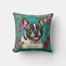 Personalized French Bulldog Teal Floral Cushion