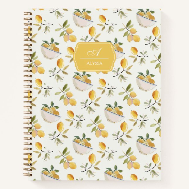 Personalized French Country Lemon Pattern Monogram Notebook (Front)