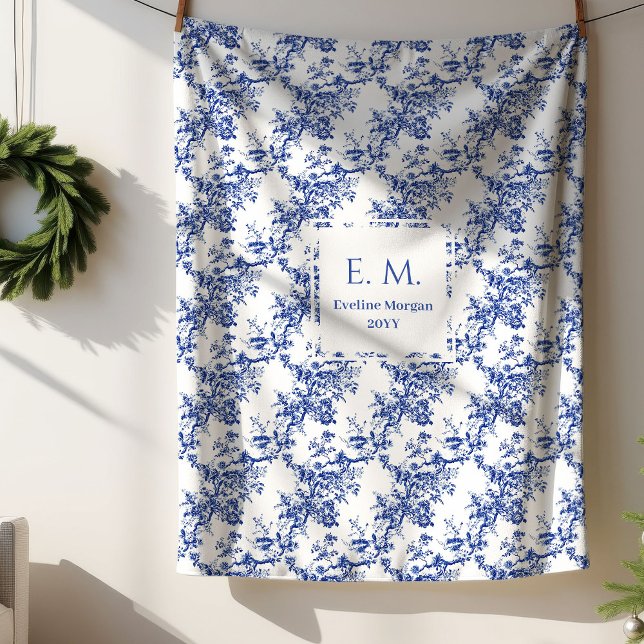 Personalized French Toile Floral Blue Blanket Gift (Personalized French Toile Floral Blue Blanket Gift)