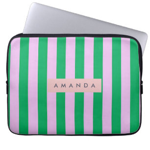 Personalized Fresh Green and Pink Striped Retro Laptop Sleeve
