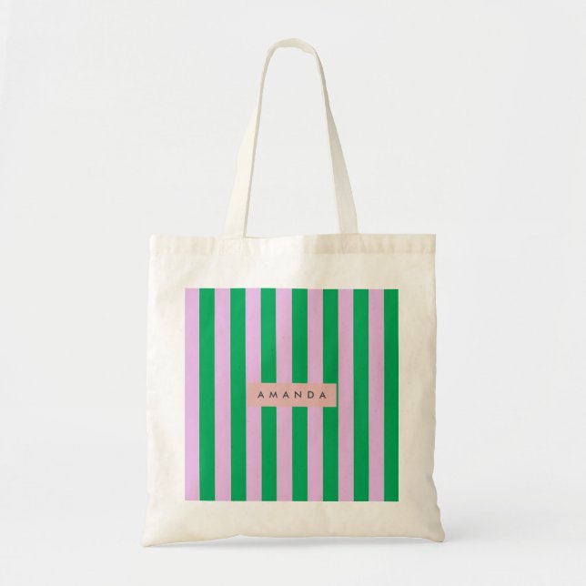 Personalized Fresh Green and Pink Striped Retro Tote Bag (Front)