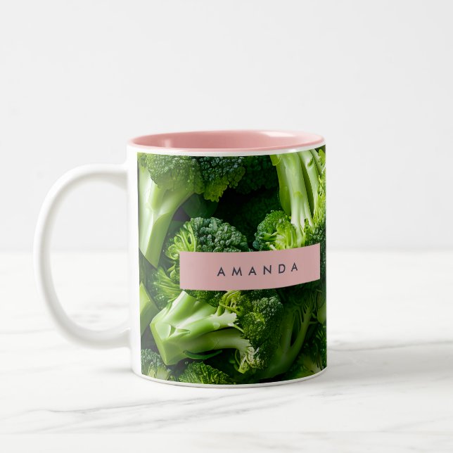 Personalized Fresh Green Broccoli Design Two-Tone Coffee Mug (Left)