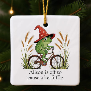 Personalized Frog on a Bike Kerfuffle Funny Ceramic Ornament