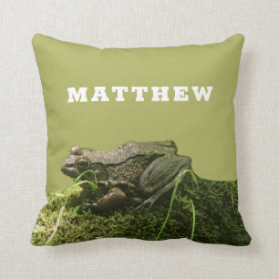 Personalized Frog on a Mossy Rock Photo Green Cushion