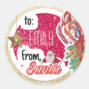 Personalized from Santa hot pink glitter Christmas Classic Round Sticker