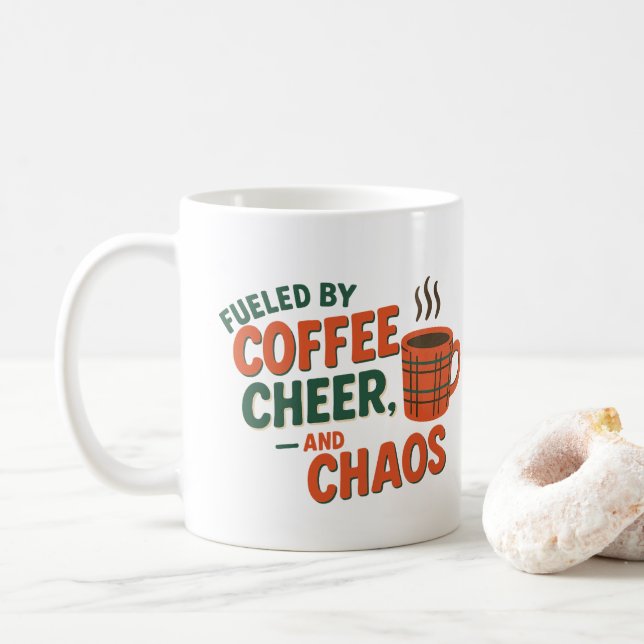 Personalized Fueled by Coffee, Cheer & Chaos Coffee Mug (With Donut)