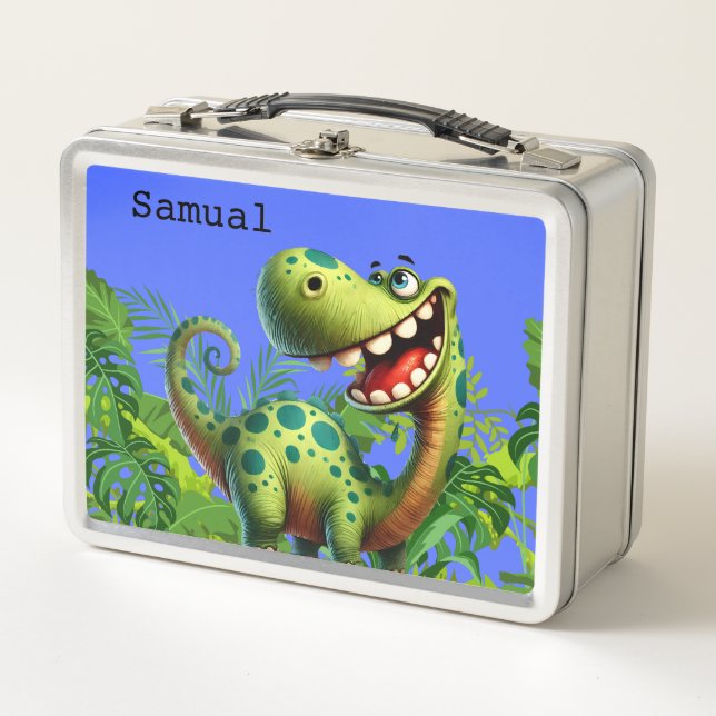 Personalized Fun Blue Dinosaur Metal Lunch Box (Front)