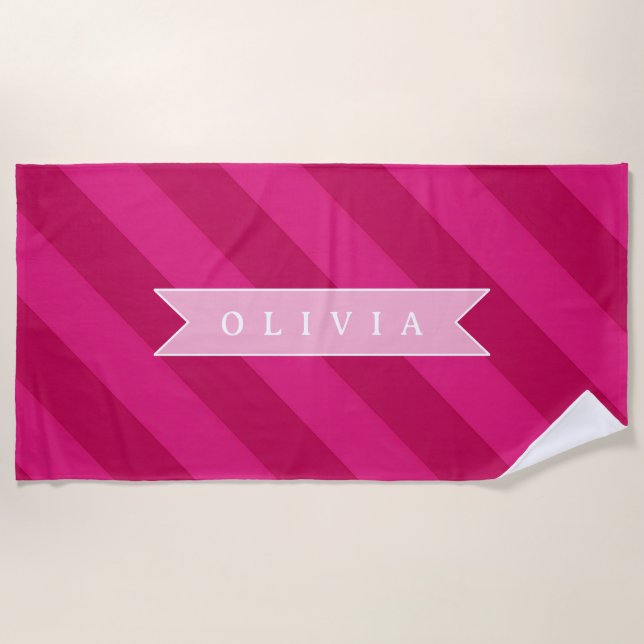 Personalized Fun Cute Modern Pink Stripe Beach Towel (Front)