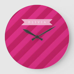 Personalized Fun Cute Modern Pink Stripe Large Clock