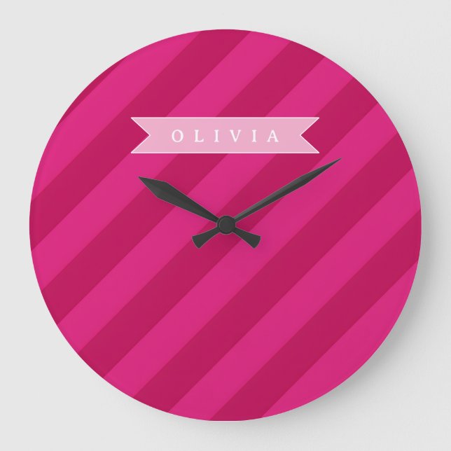 Personalized Fun Cute Modern Pink Stripe Large Clock (Front)