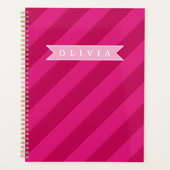 Personalized Fun Cute Modern Pink Stripe Planner (Front)