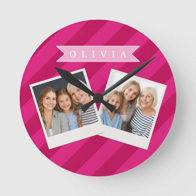 Personalized Fun Cute Modern Pink Stripe Round Clock (Front)