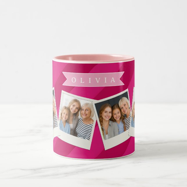 Personalized Fun Cute Modern Pink Stripe Two-Tone Coffee Mug (Center)