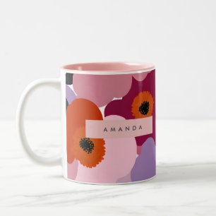 Personalized Funky Red and Pink Flower Design Two-Tone Coffee Mug