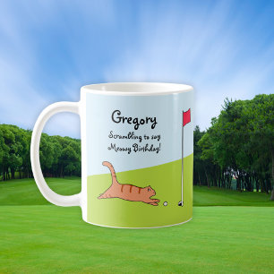 Personalized Funny Birthday Cartoon Cat Golf Joke Coffee Mug
