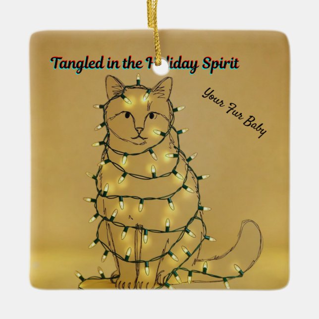 Personalized Funny Cat Tangled in Lights Ceramic Ornament (Front)