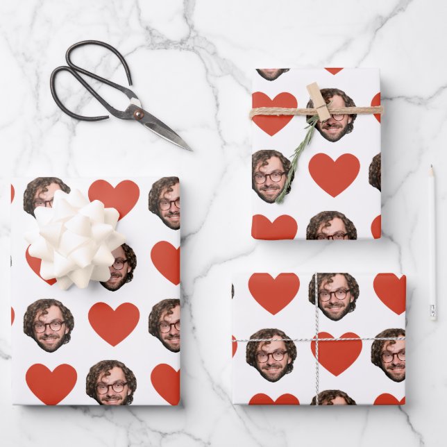 Personalized Funny Custom Face Photo Love Heart Wrapping Paper Sheet (Front)