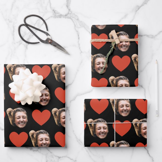 Personalized Funny Custom Face Photo Love Heart  Wrapping Paper Sheet (Front)