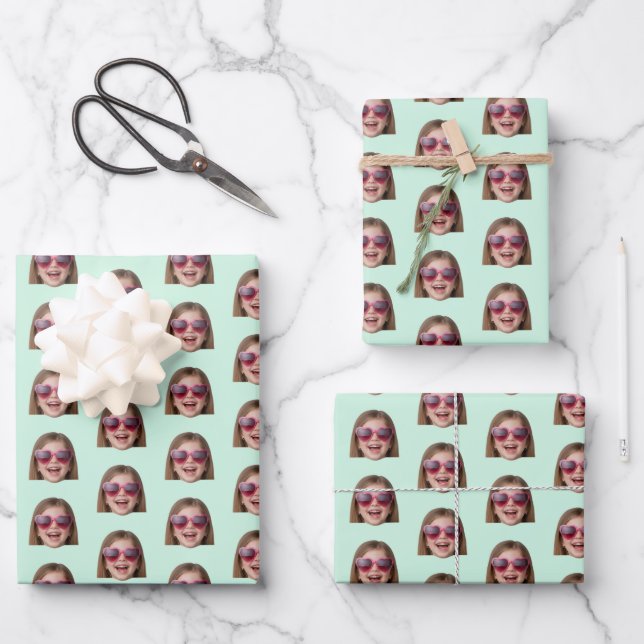 Personalized Funny Mint Green Custom Face Photo Wrapping Paper Sheet (Front)