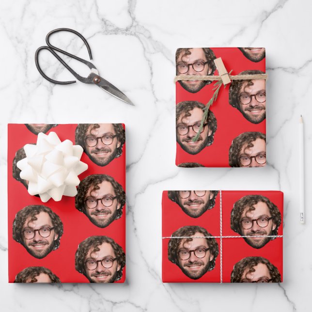 Personalized Funny Red Custom Face Photo Wrapping Paper Sheet (Front)
