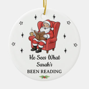 Personalized Funny Santa Book Lover Christmas Ceramic Ornament