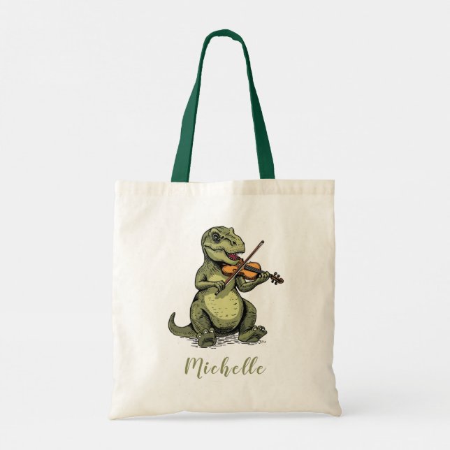 Personalized Funny T-Rex Dinosaur Playing Violin   Tote Bag (Back)