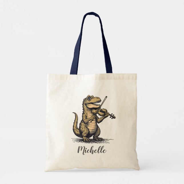 Personalized Funny T-Rex Dinosaur Playing Violin   Tote Bag (Back)