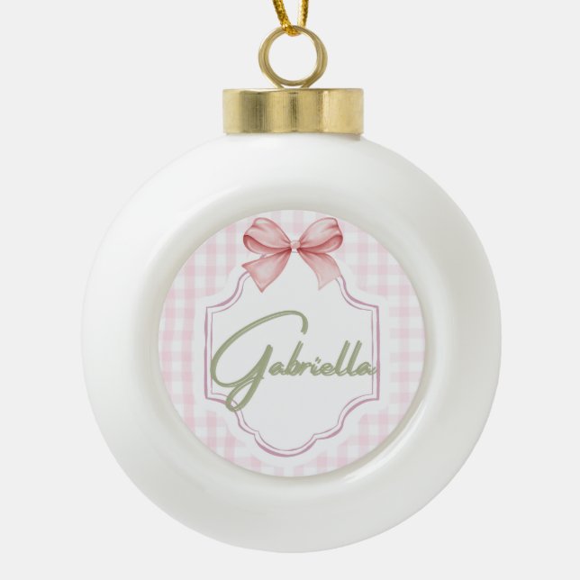 Personalized Gabriella Baby Girl Nursery Bow  Ceramic Ball Christmas Ornament (Front)
