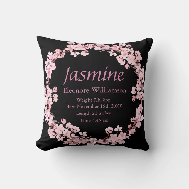 Personalized Garland pink black baby birth stats  Cushion (Front)