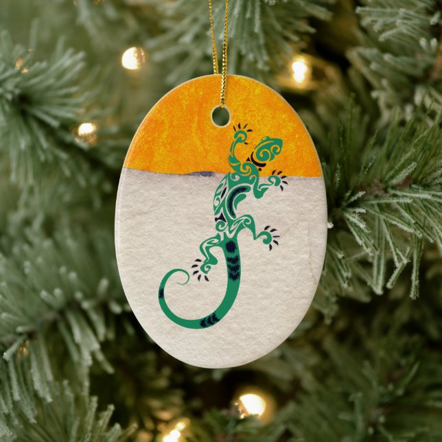 Personalized Gecko Lizard on Stone and Stucco Ceramic Ornament (Tree)