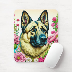 Personalized German Shepherd and Whimsical Flowers Mouse Pad