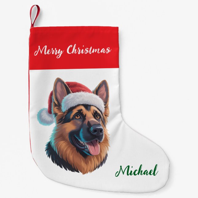 Personalized German Shepherd Dog in Santa Hat      Small Christmas Stocking (Front)