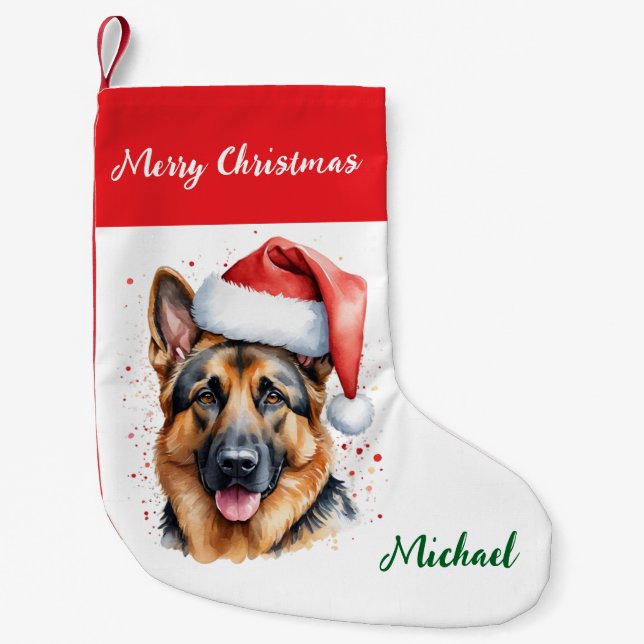 Personalized German Shepherd Dog in Santa Hat      Small Christmas Stocking (Front)