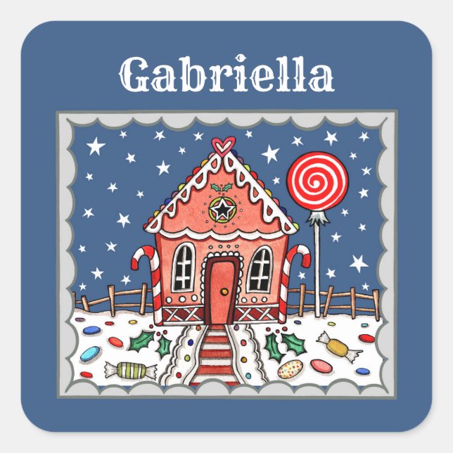 Personalized Gingerbread House Square Sticker (Front)